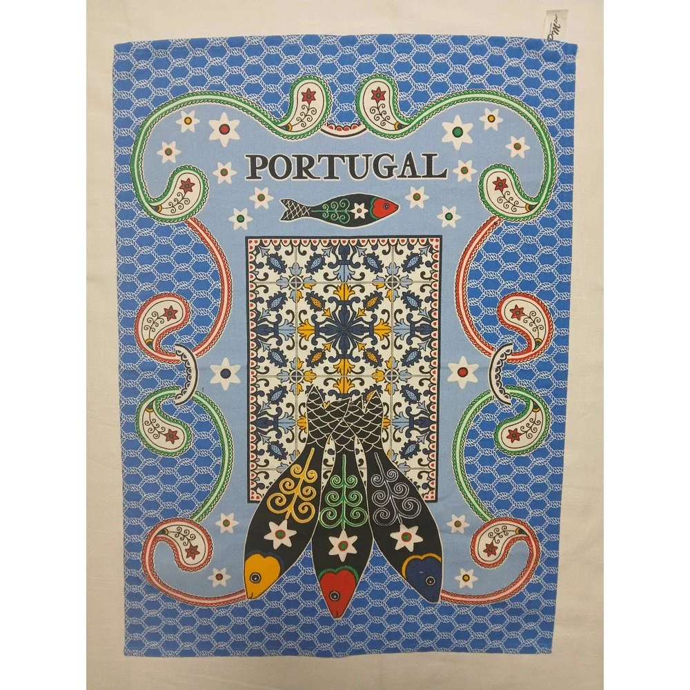 PM Lar Portugal Cotton Tea Towel Blue Sardine Tile Print Kitchen Dish Cloth